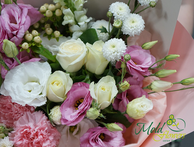 Bouquet with white roses and eustoma, ''Tender Message'' photo
